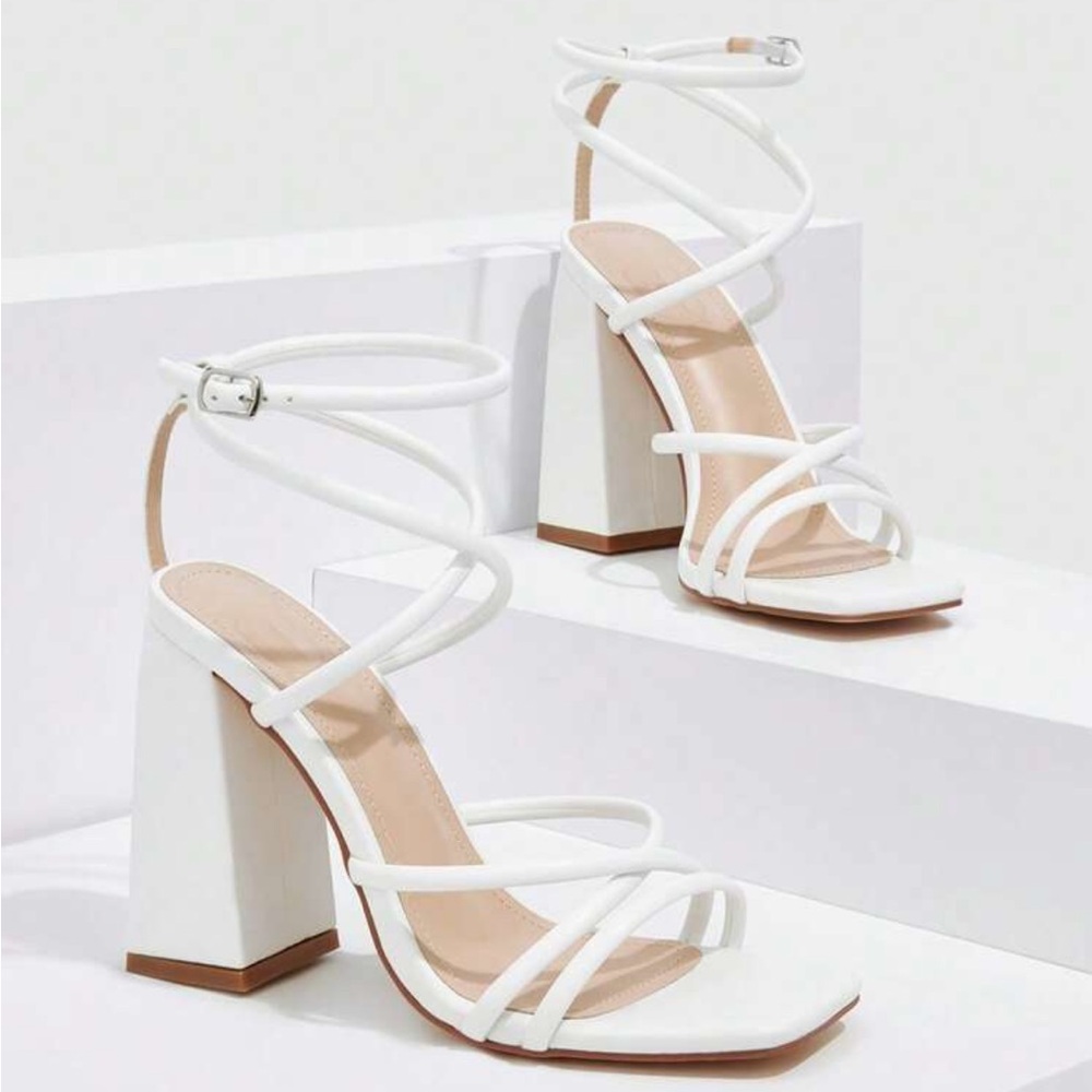 SHEIN White Strappy Block Heels
